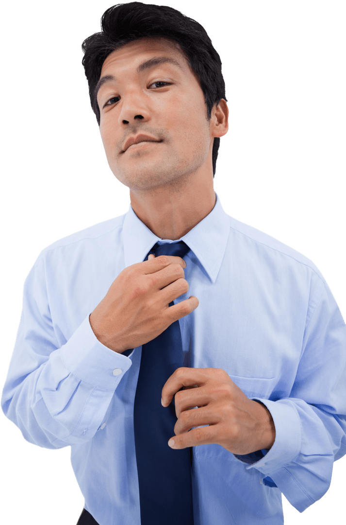 Confident Businessman Adjusting Tie on Transparent Background