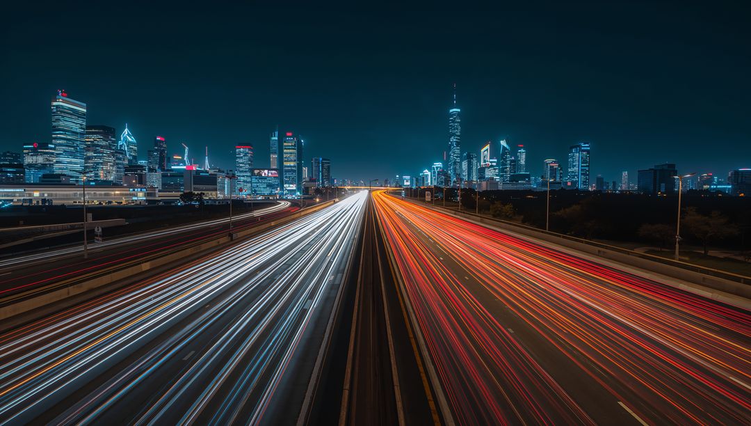 Dynamic Night Cityscape with Light Trails from Urban Freeway