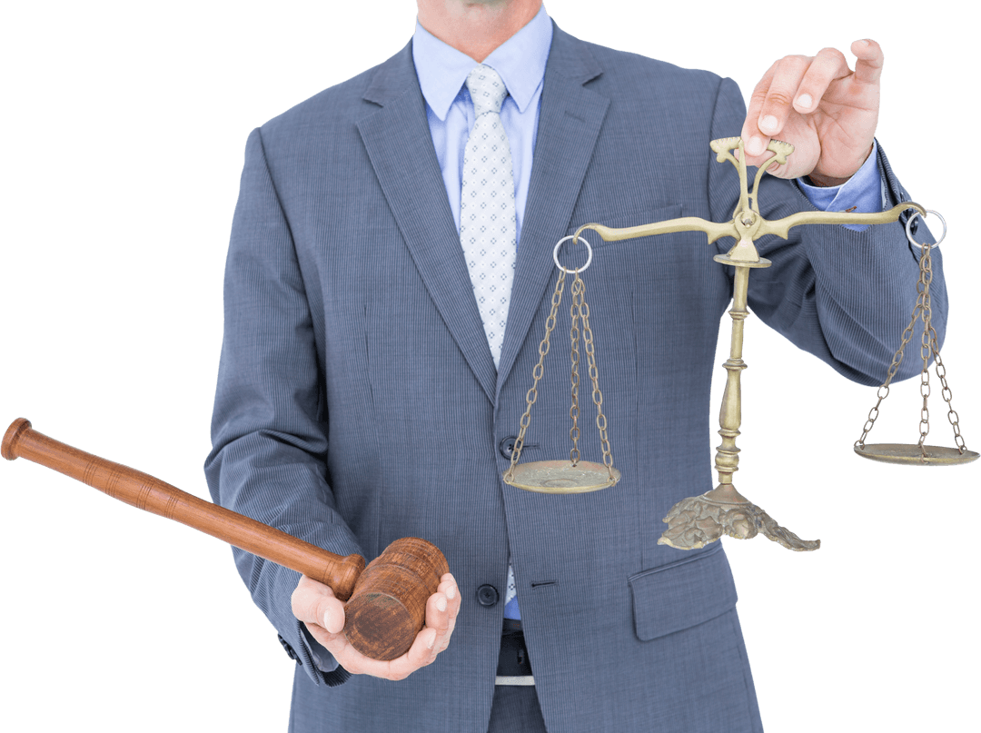 Transparent Midsection of Lawyer with Scales and Gavel in Suit