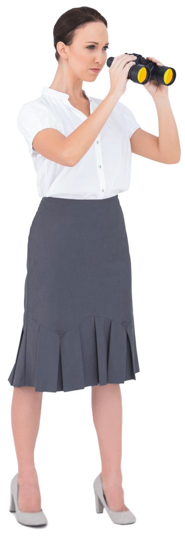 Transparent Businesswoman Using Binoculars Monitoring Future