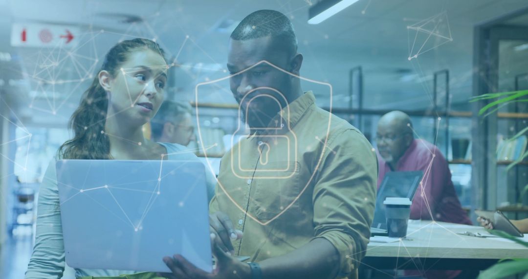 Diverse Team Discussing Digital Security in Modern Office