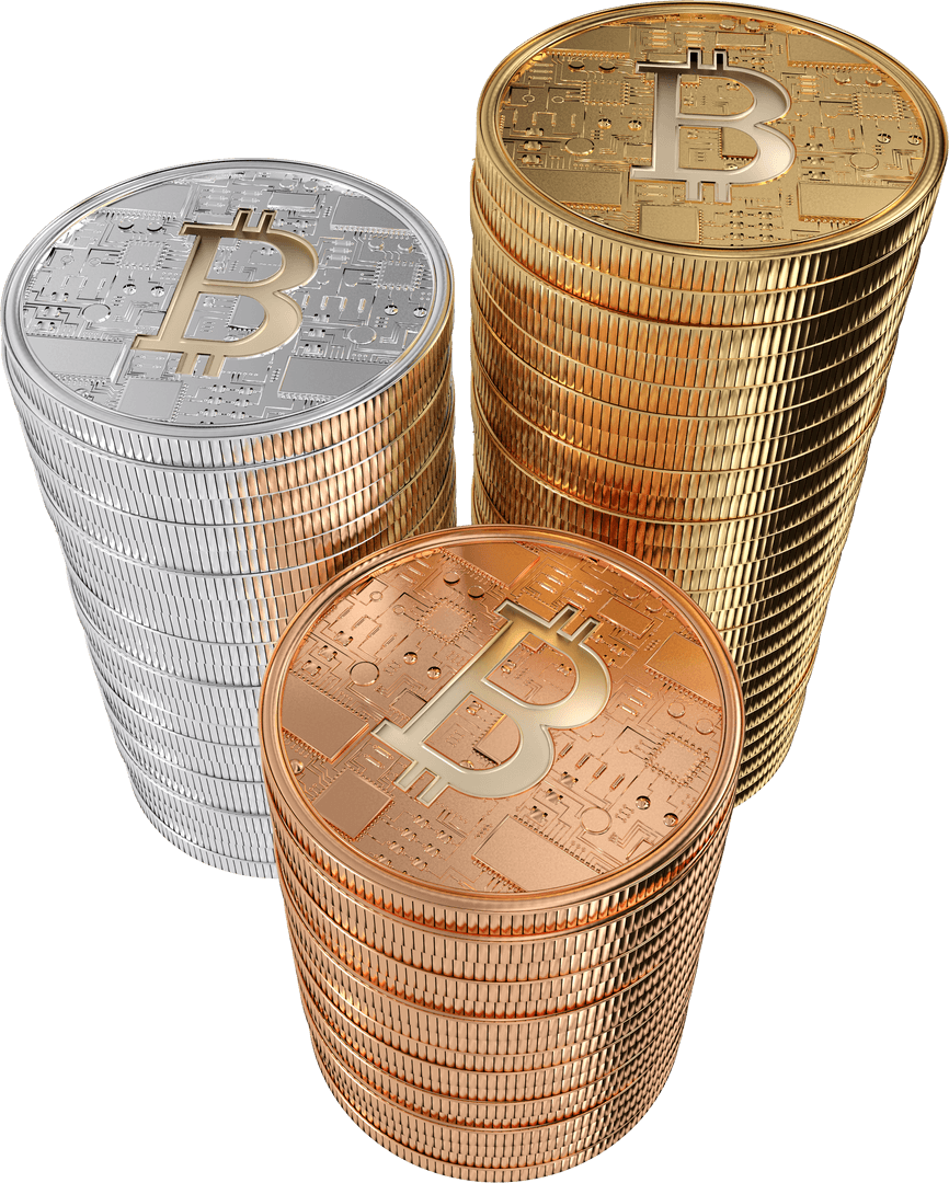 Transparent Stacks of Gold, Silver, and Bronze Bitcoins Vector