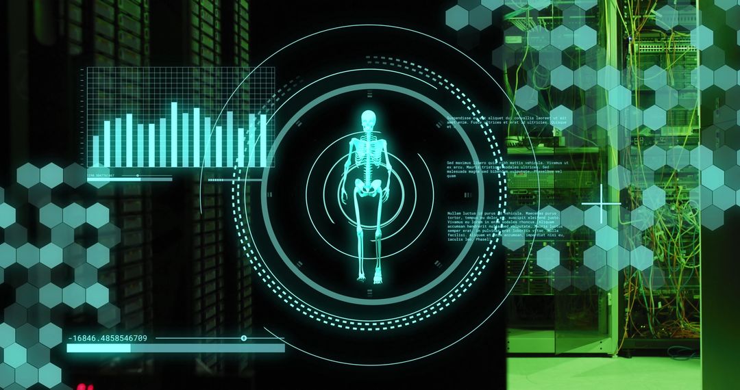 Futuristic Digital Interface in Server Room with Skeleton Icon