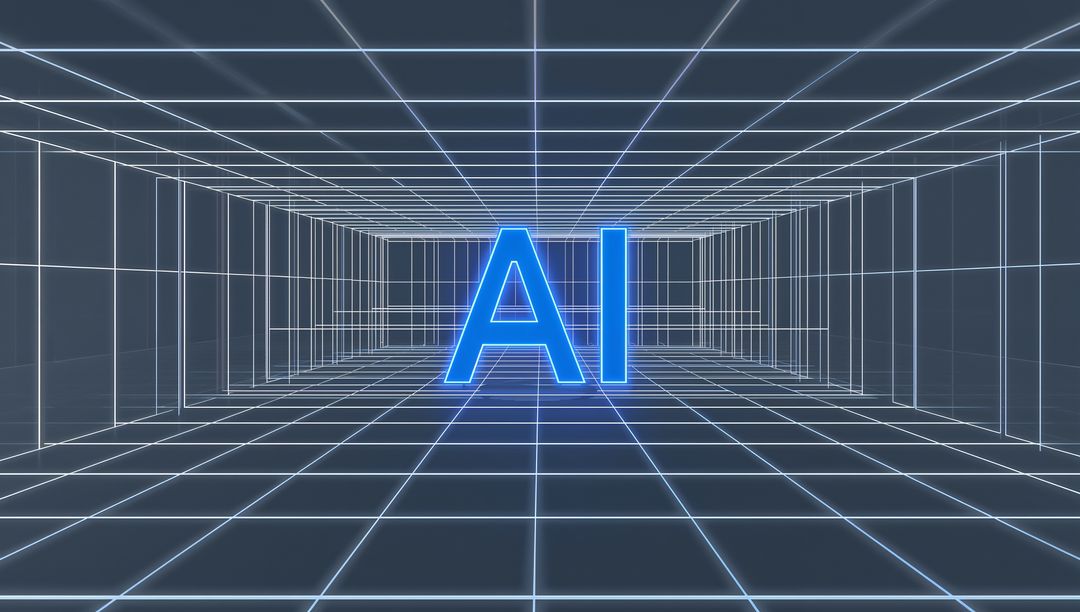 Glowing Neon AI Letters Hovering in Futuristic Wireframe Grid Tunnel