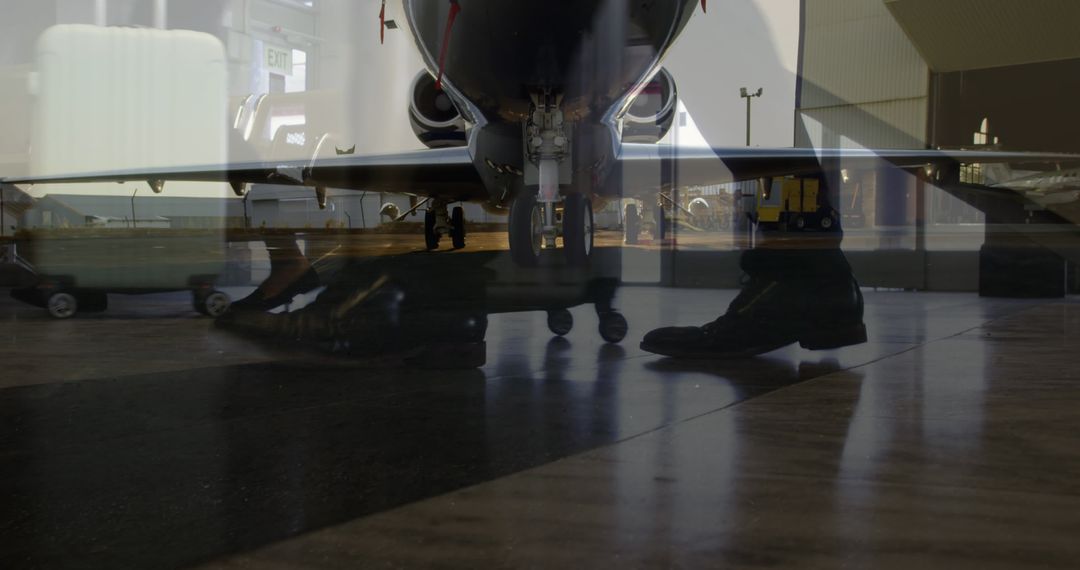 Silhouette of Travelers with Airplane Reflections at Airport