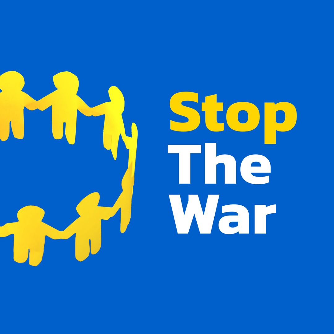 Stop the War Message with Yellow Paper People Circle on Blue