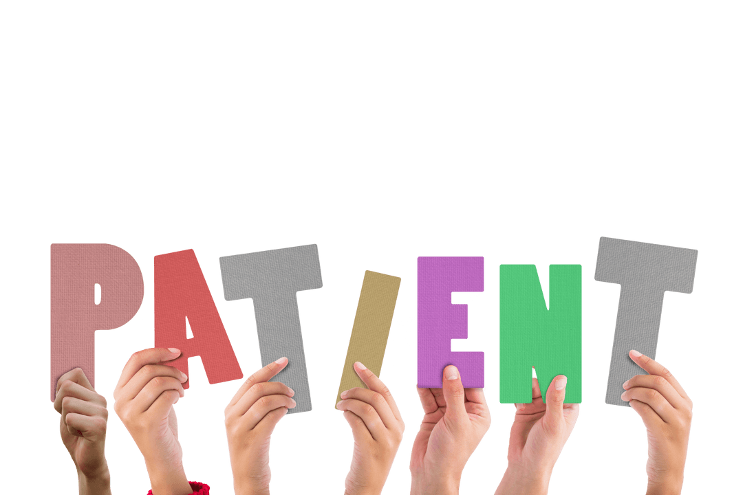 Hands Holding Colourful Patient Text on Transparent Background