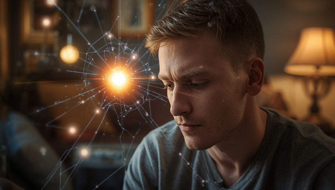 Contemplative Man Interacting with Digital Neural Network