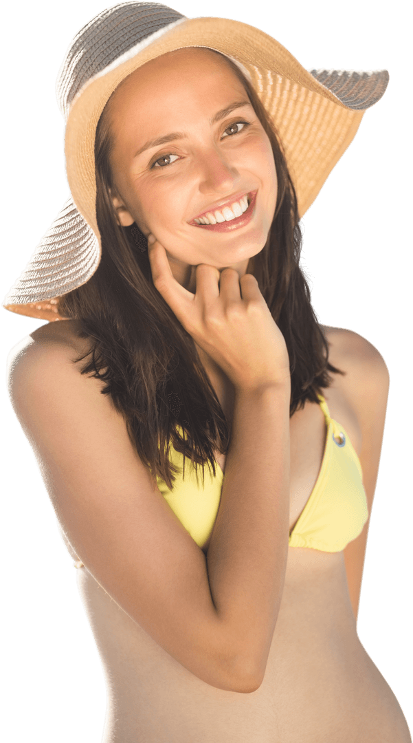 Smiling Woman in Hat and Bikini on Transparent Background