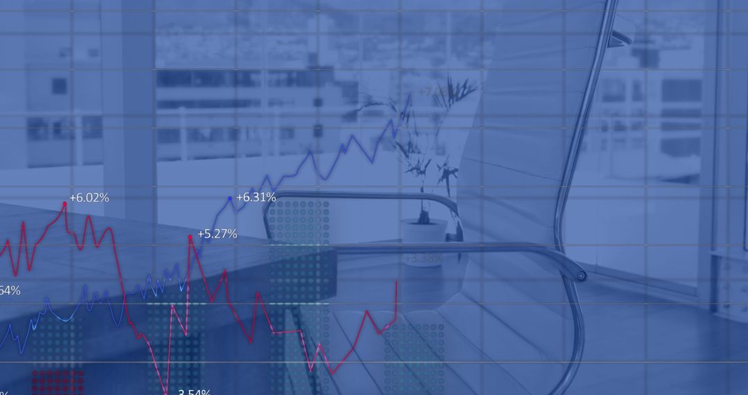 Office Workspace with Overlay of Financial Data and Statistics
