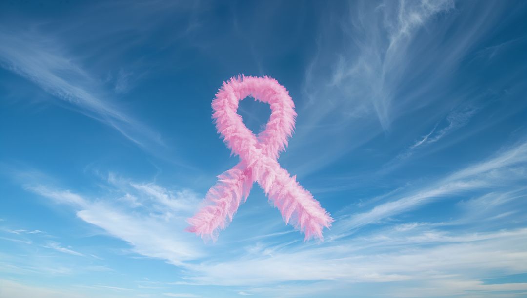 Floating Pink Feathered Awareness Ribbon Against Clear Sky