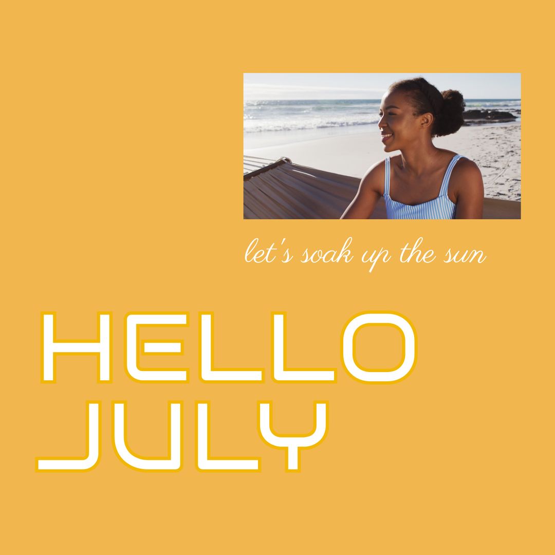 African American Woman Relaxing in Hammock on Beach with 'Hello July' Text