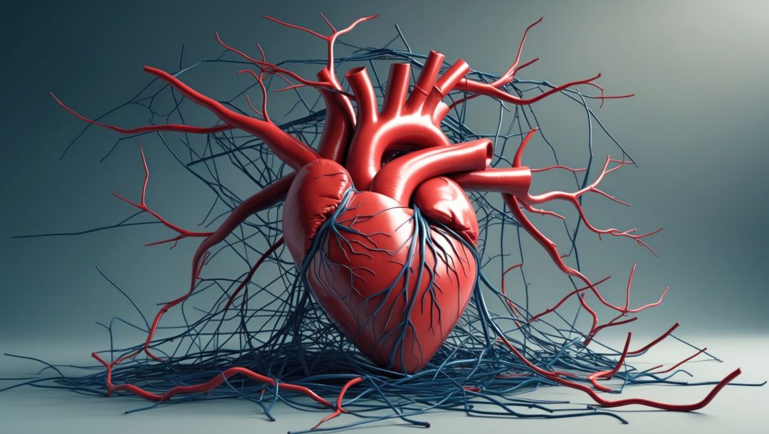 Detailed human heart model with vascular system illustration, cardiovascular diseases subject