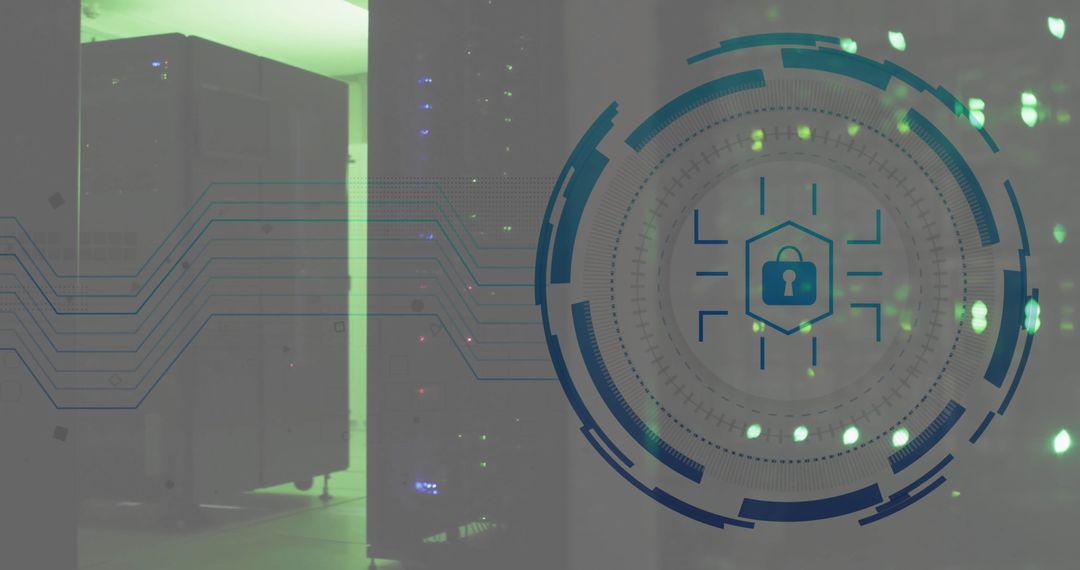 Secure Server Room with Futuristic Lock Icon Overlay