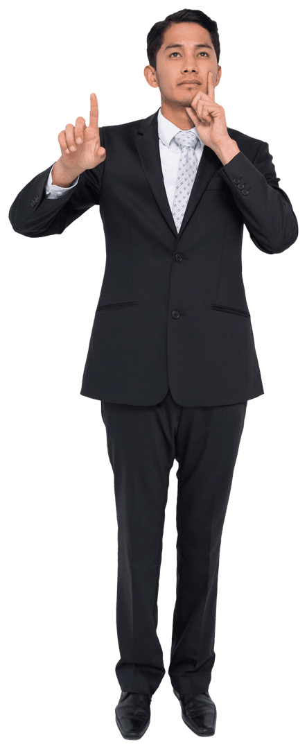 Thinking Asian Businessman Pointing Finger on Transparent Background