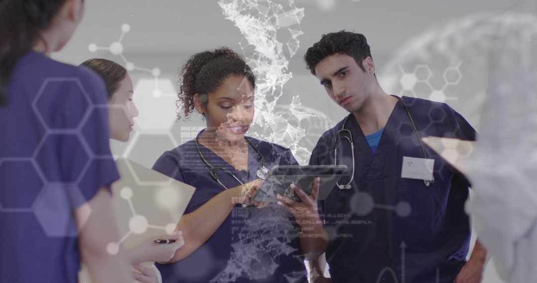 Diverse Doctors Analyzing Medical Data Using Tablet