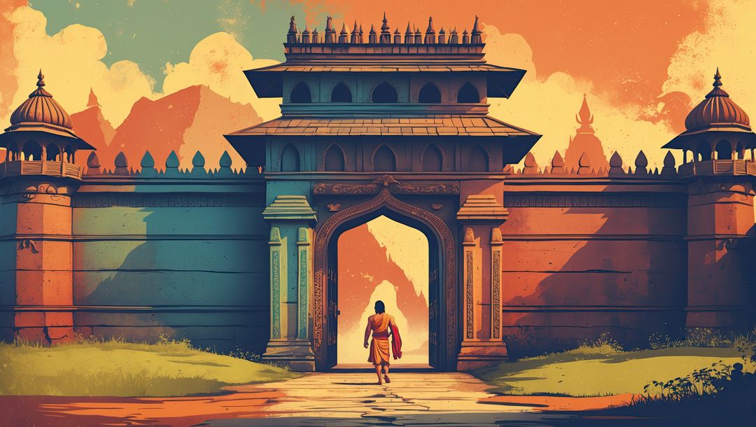 Lone Pilgrim Walking Towards Ornate Temple Gate