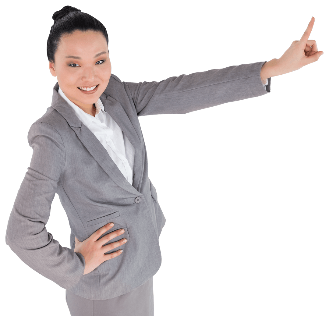 Businesswoman smiling and pointing up on transparent background