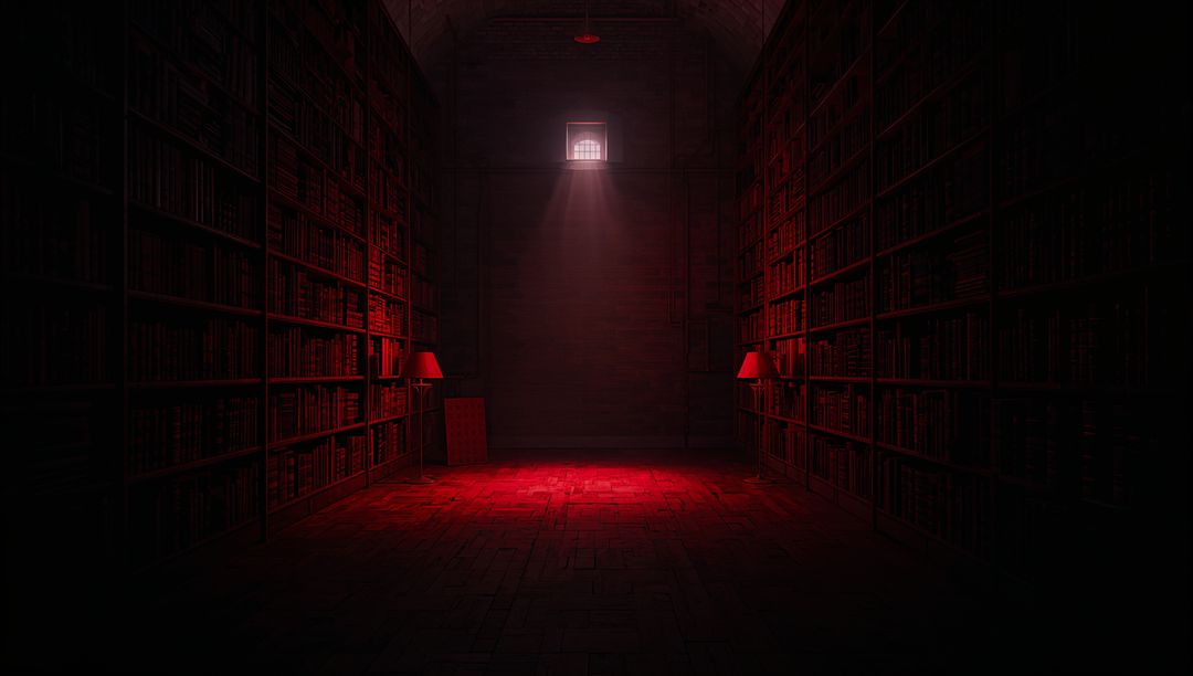Red Spotlight Casting Dramatic Chiaroscuro in Gothic Library Vault with Tall Bookcases