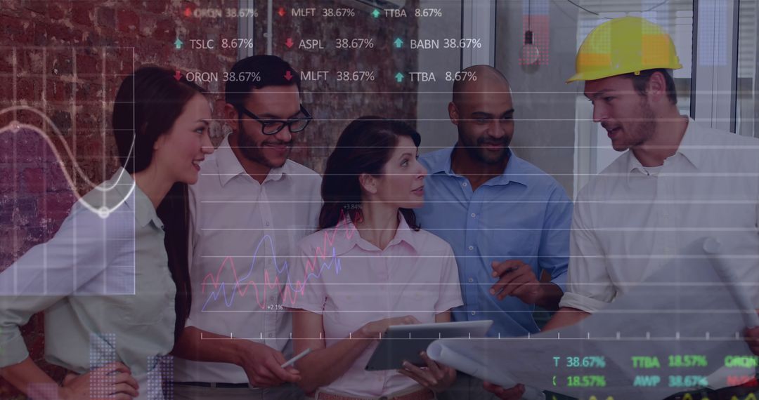 Engineers Analyzing Blueprint with Stock Market Overlay