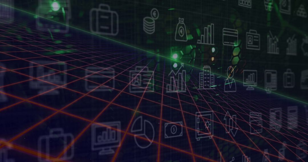 Abstract Digital Network with Tech Icons in Black Space