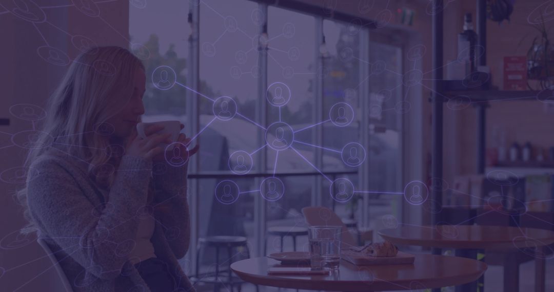 Woman Relishing Coffee in Modern Café with Digital Network Overlay