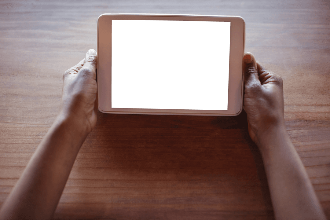 Transparent Digital Tablet Held by Hands with Blank Screen