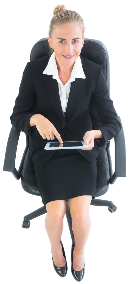 Transparent Blonde Businesswoman Sitting on Swivel Chair using Tablet - Download Free Stock Images Pikwizard.com