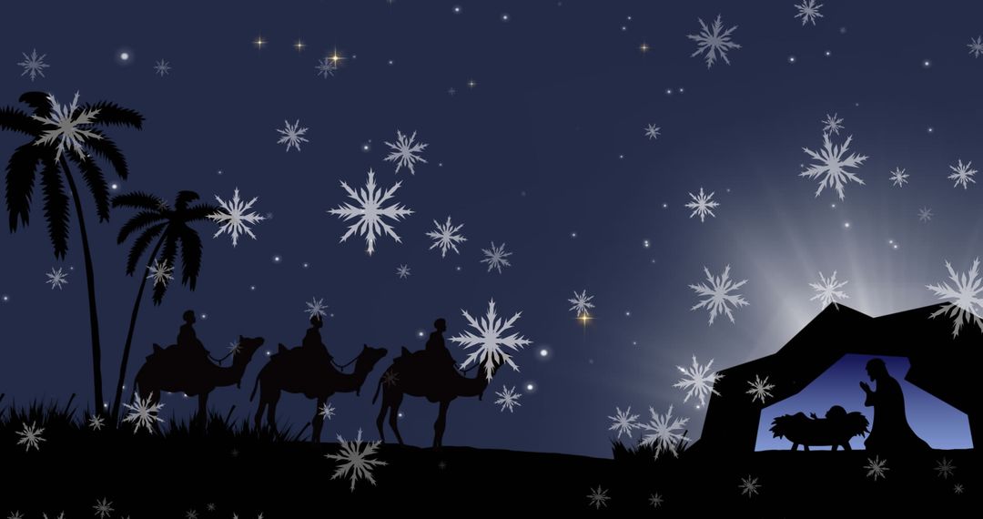 Nighttime Epiphany Celebration with Silhouettes of Kings, Camels, and Snowflakes - Free Images, Stock Photos and Pictures on Pikwizard.com