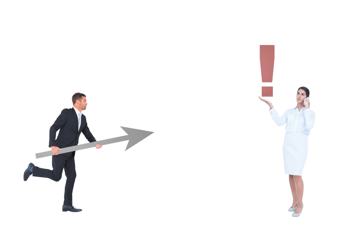 Caucasian Business Couple Interacting with Arrow and Exclamation Mark Transparent