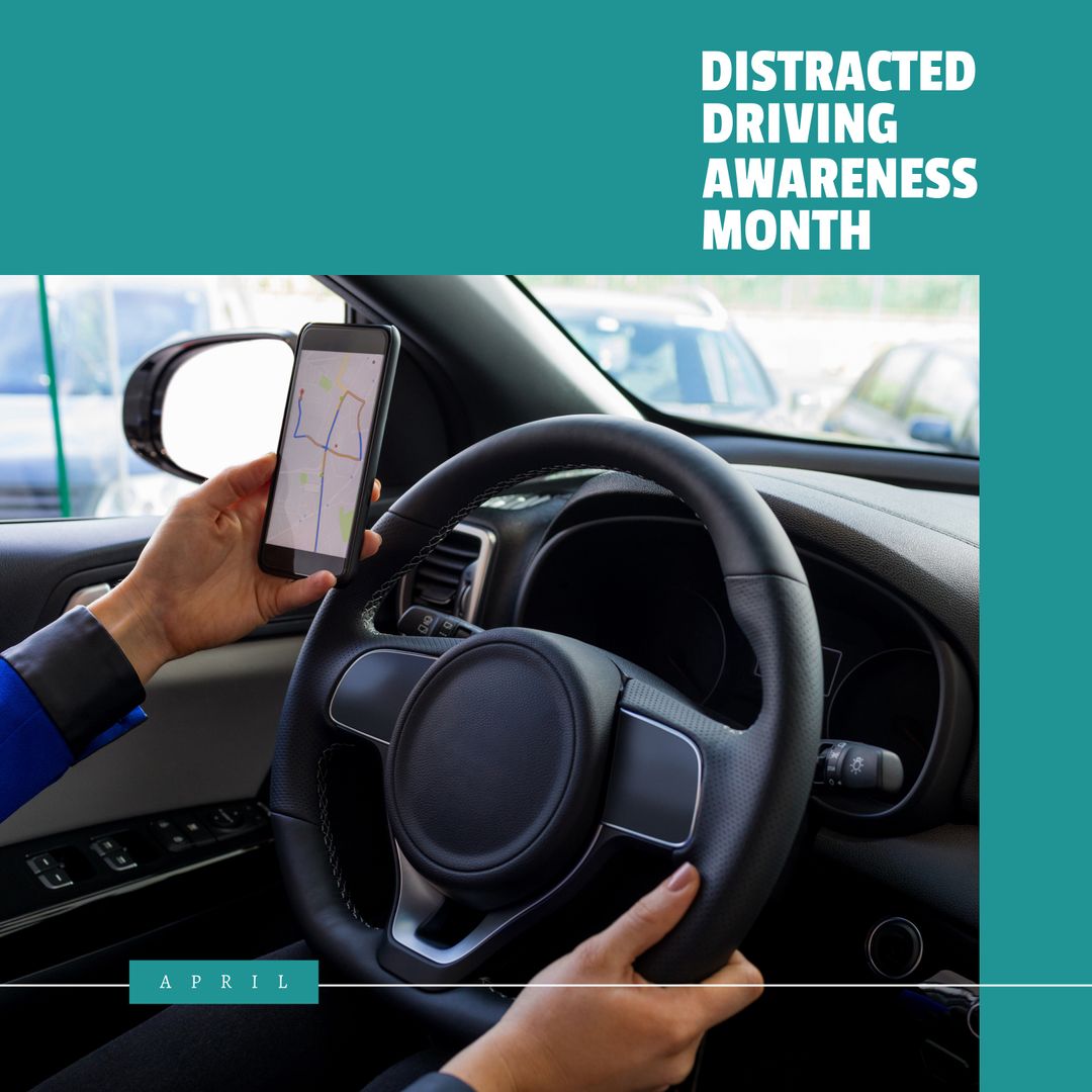 Distracted Driving Awareness Month Poster with Smartphone Use in Car - Download Free Stock Templates Pikwizard.com