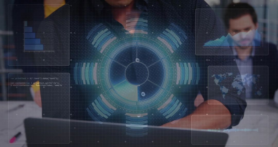 Business Team Collaborating Over Holographic Data Dashboard With Futuristic Circular UI