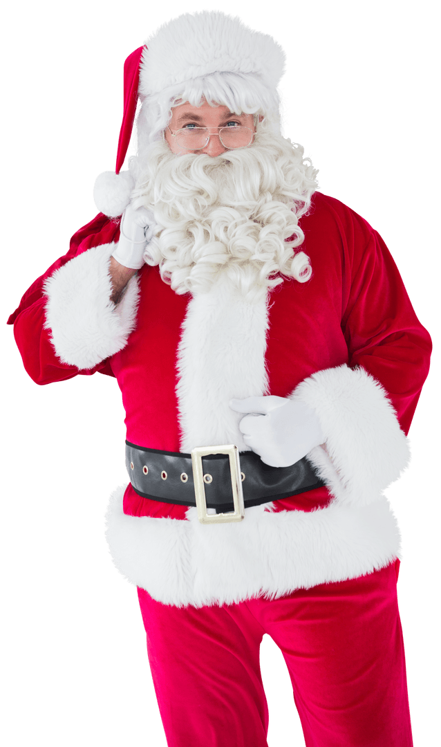 Joyful Santa Claus Holding Sack Look Transparent Background