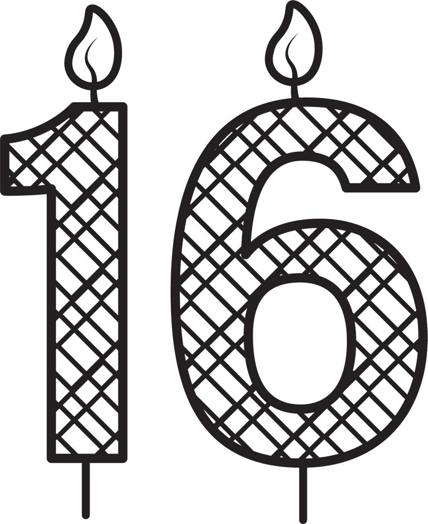 Illustration of Grey Birthday Candle Numbers with Hatch Pattern on Transparent Background