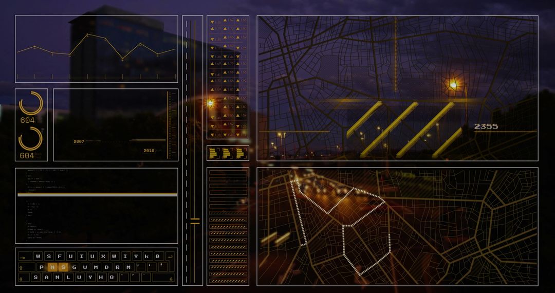 Digital Data Processing Overlay on Cityscape at Night