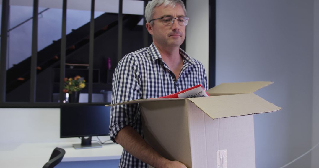 Middle-aged man packing office belongings in cardboard box - Free Images, Stock Photos and Pictures on Pikwizard.com