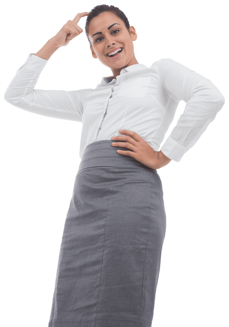 Smiling Hispanic Businesswoman Scratching Head on Transparent Background