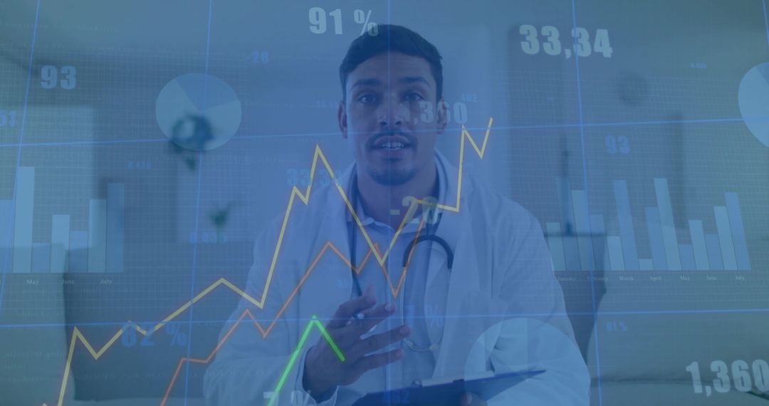 Doctor Analyzing Data with Health Analytics Overlay