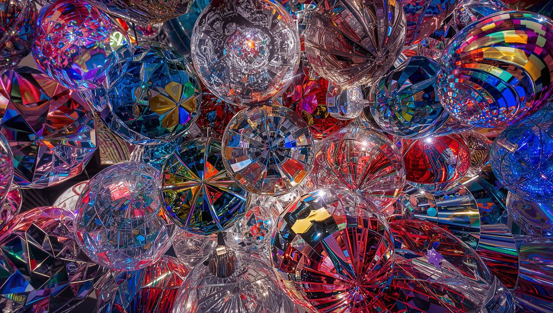 Multicolor Faceted Glass Orb Cluster Creating Prismatic Reflections, Metallic Highlights