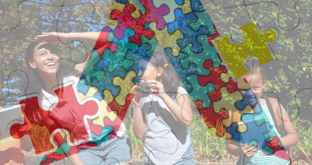 Autism Awareness: Children Playing with Puzzle Motif