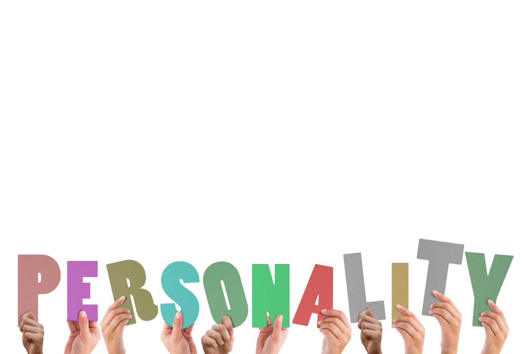 Hands Holding Transparent Word Personality in Multicolored Letters