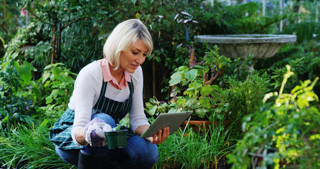 Woman Gardening and Using Tablet in Garden - Free Images, Stock Photos and Pictures on Pikwizard.com