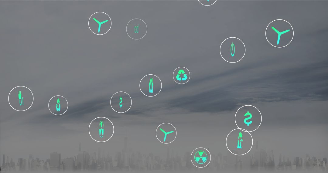 Eco-Friendly Icons Over Digital Futuristic Cityscape