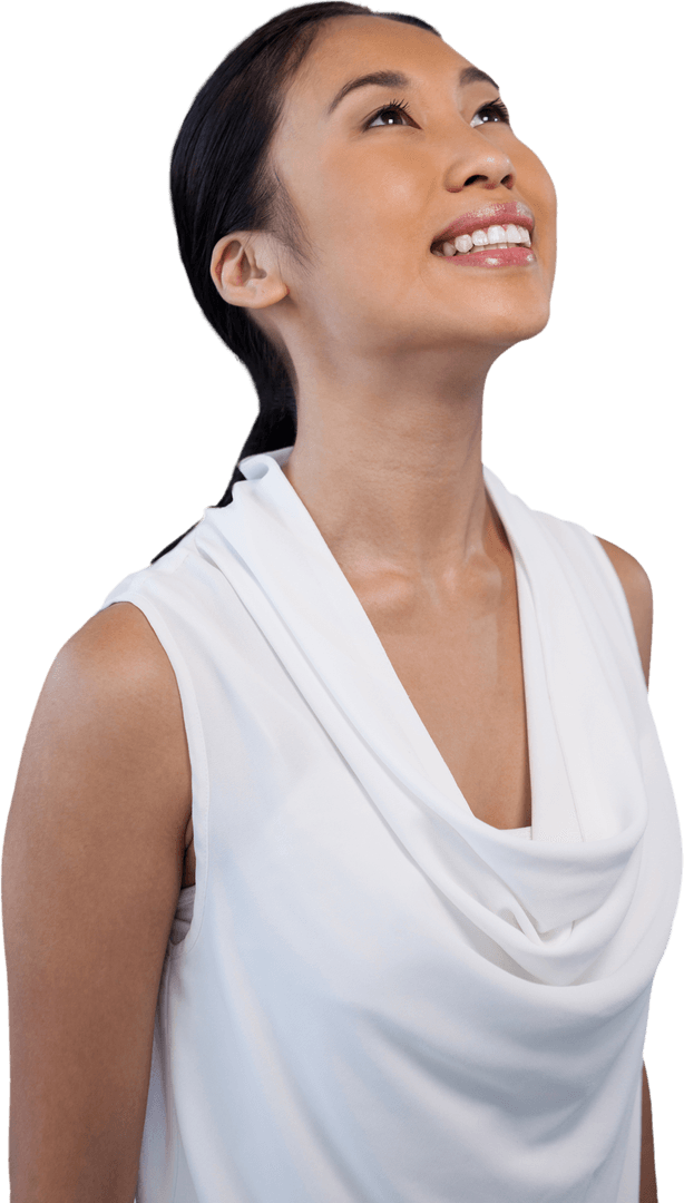 Transparent Smiling Businesswoman Looking Upwards