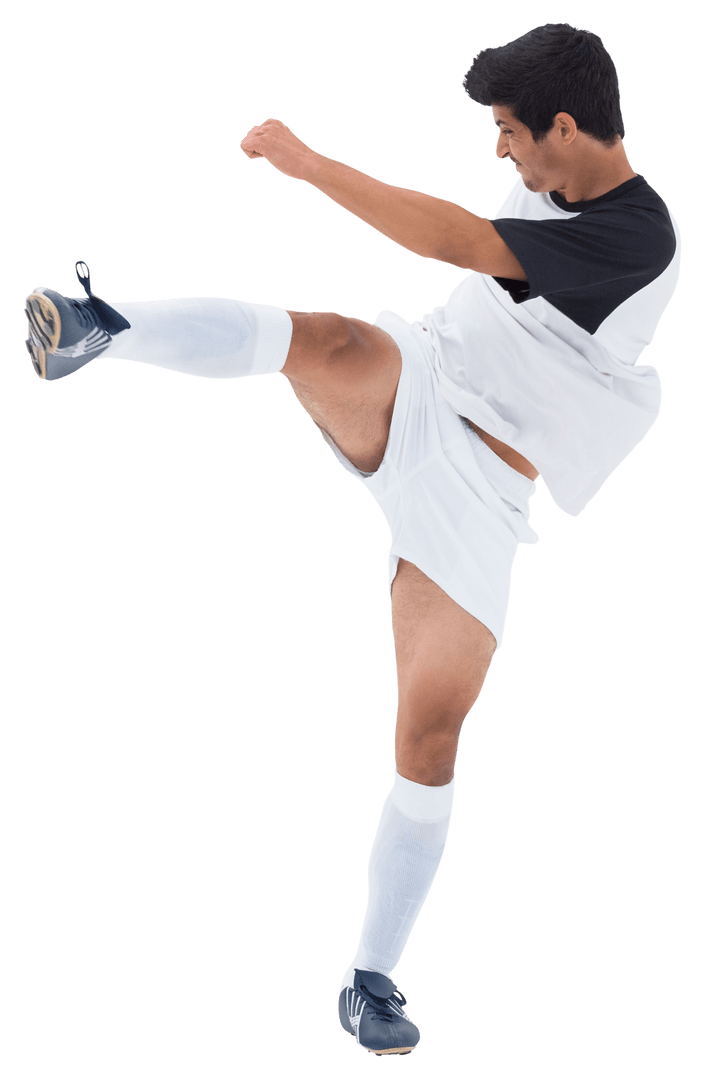 Dynamic Kick by Caucasian Soccer Player on Transparent Background