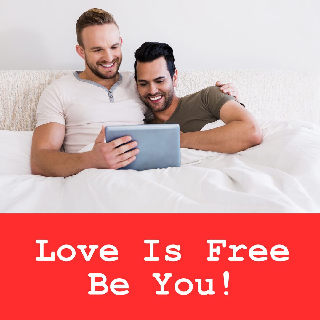 Gay Couple Enjoying Tablet at Home with Positive Message