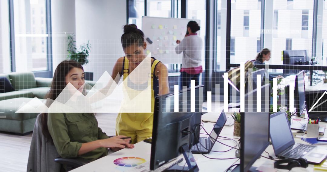 Creative Team Collaboration in Modern Office with Data Overlay