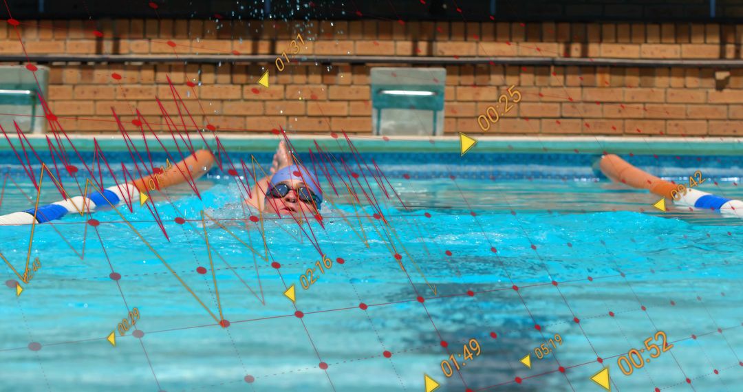 Competitive Male Swimmer Surfacing in Sunlit Pool with Performance Data Overlay