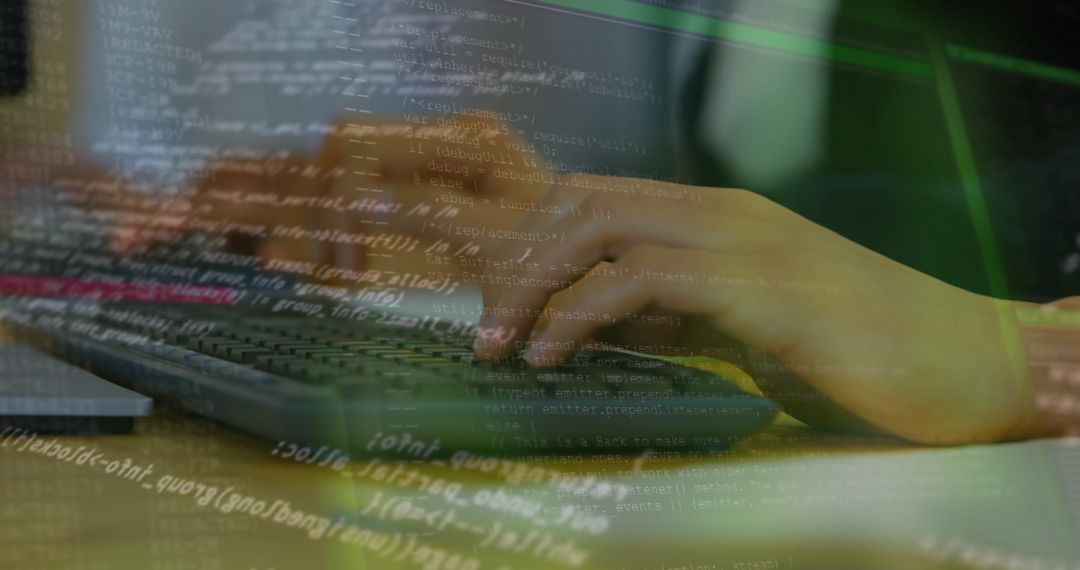 Hands Typing Code with Virtual Financial Display