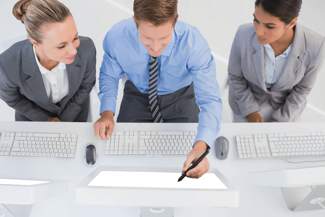 Diverse Team Collaborating on Digital Office Project Transparent Background